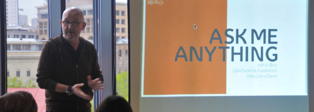 A disruptive, insightful and passionate voice in an industry that sucks … Andre Berg, US-based communications expert and fundraising consultant, shared some of his #fundraising wisdom at Impact Hub Yerevan.